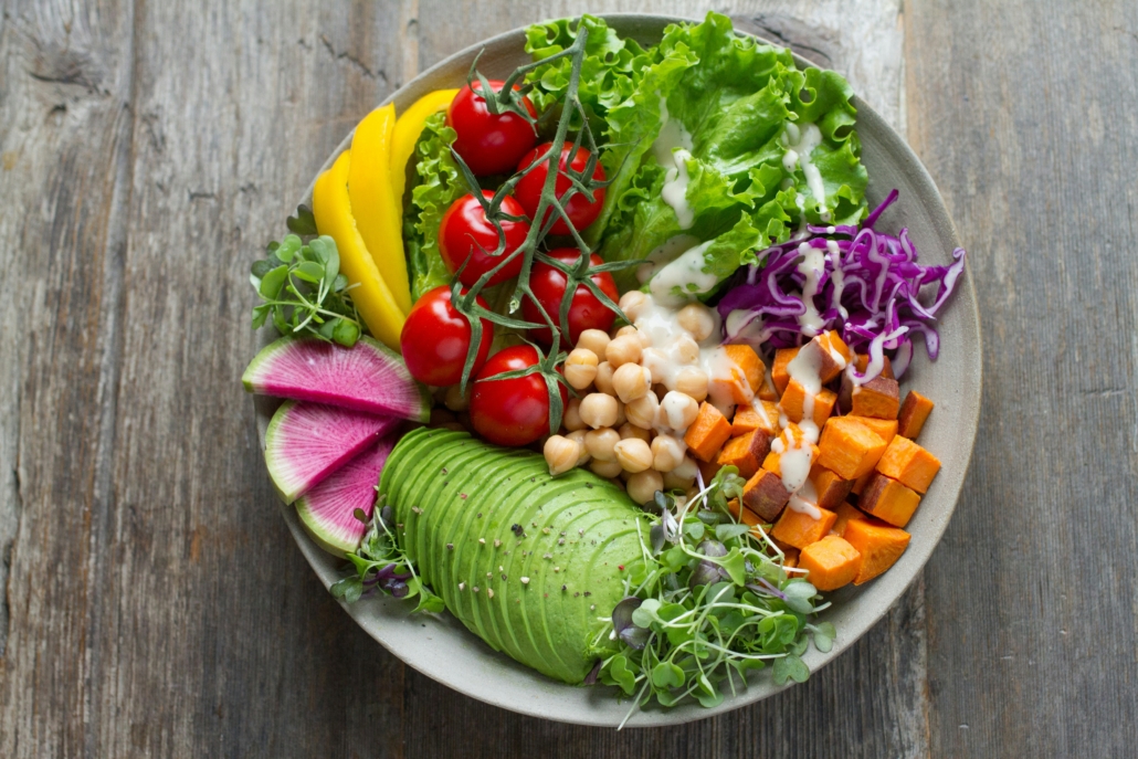 Bowl of nutritious foods including chickpeas as a good source of protein for perimenopause 